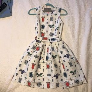 Anthropologie print white summer dress with belt